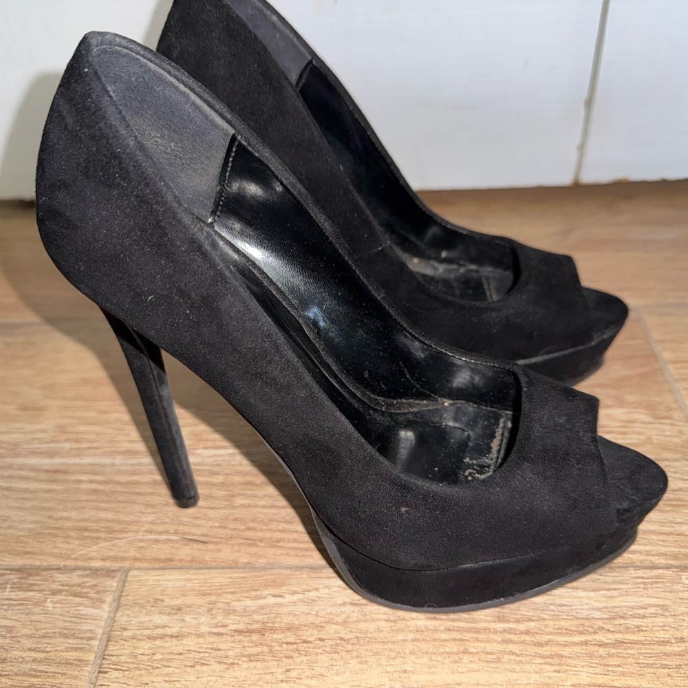 Stiletto platform Peep-Toe Heels black suede like material - Picture 5 of 7